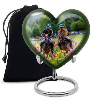 Pewter Gray Horse Polo Cremation Urn detail view - loving heart memorial featuring horse polo pattern - full-size 10 inch 200 cubic inch adult cremation urn