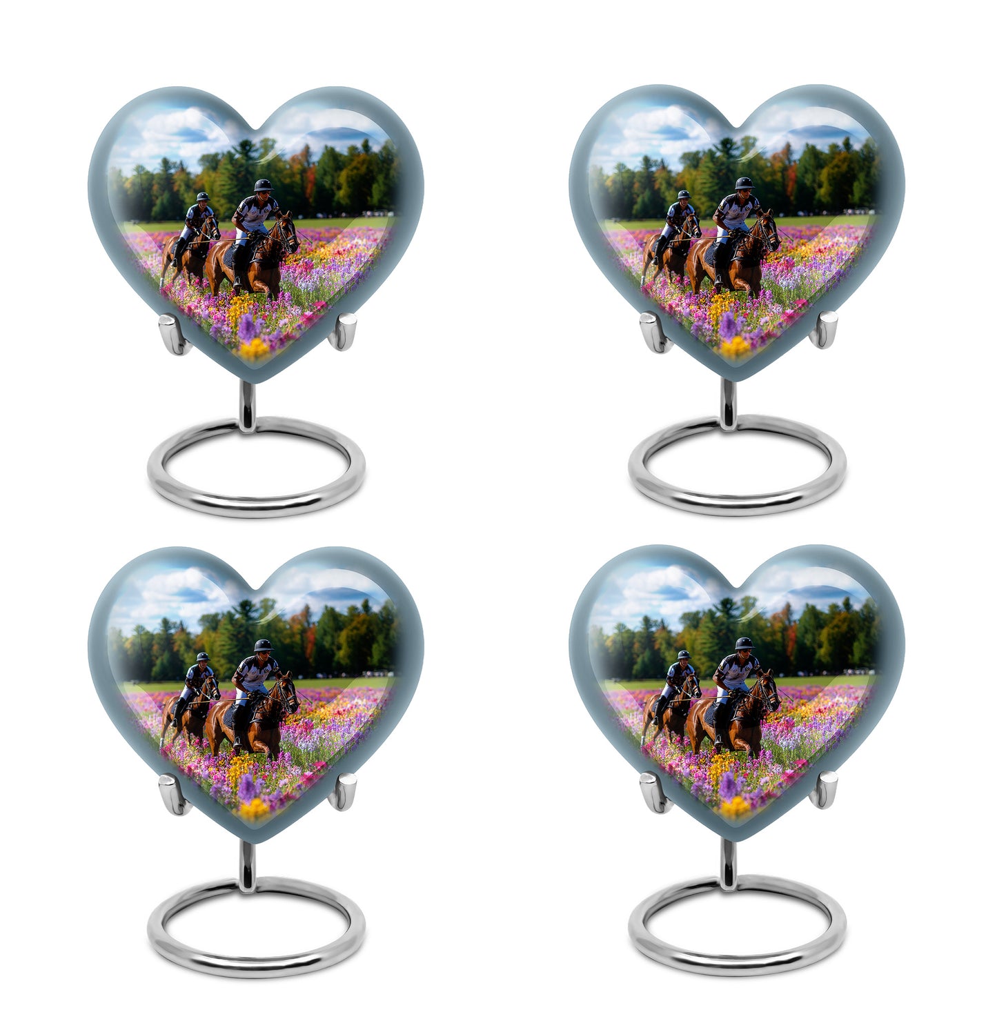 Vivid Blue Horse Polo Cremation Urn angled view of lid and engraved motif - romantic heart urn with horse polo motif on aluminum - 10 inch aluminum urn for cremated remains