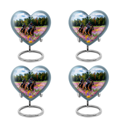Vivid Blue Horse Polo Cremation Urn angled view of lid and engraved motif - romantic heart urn with horse polo motif on aluminum - 10 inch aluminum urn for cremated remains