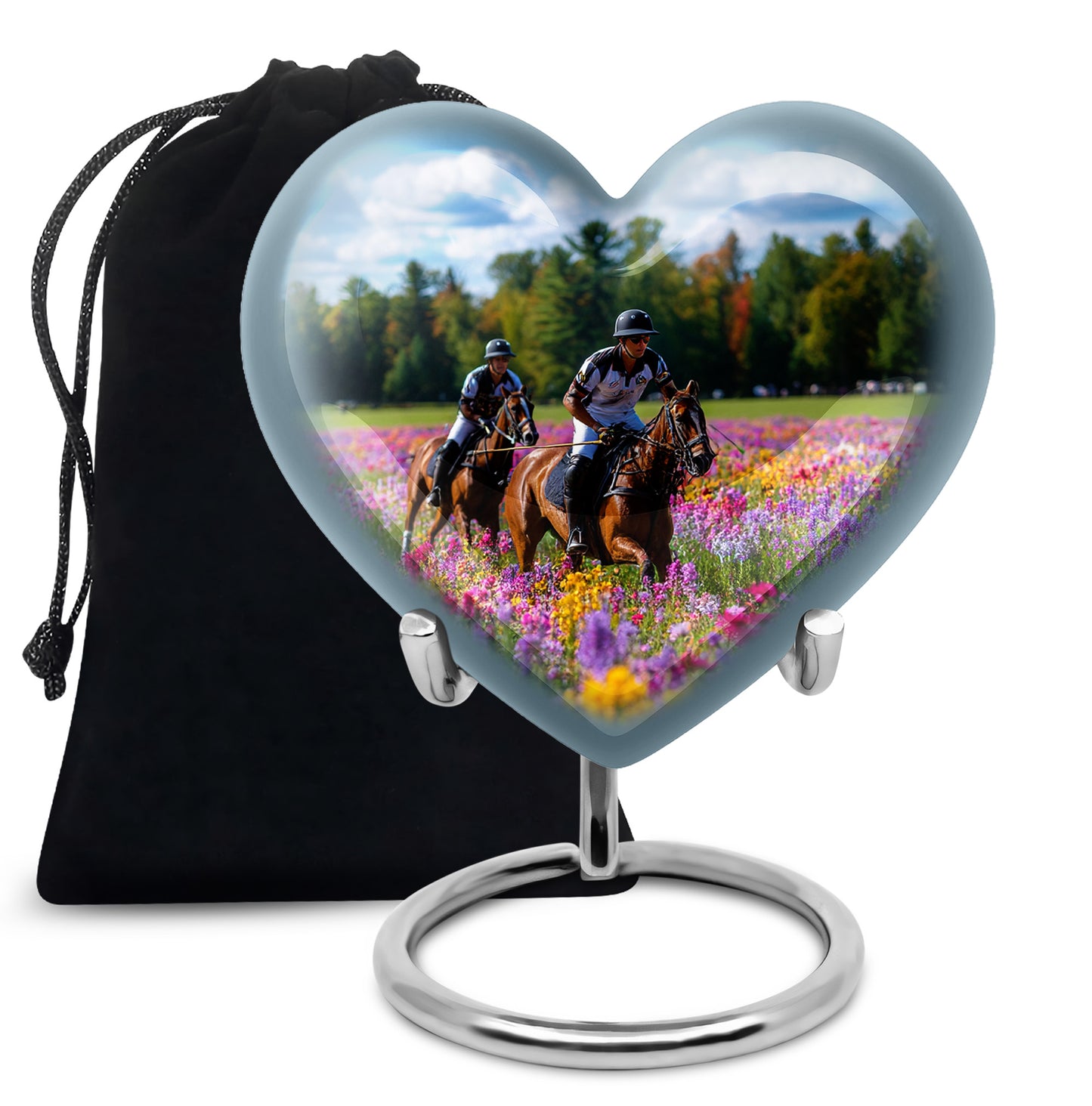 Celestial Blue Horse Polo Cremation Urn detail view - loving heart memorial featuring horse polo pattern - full-size 10 inch 200 cubic inch adult cremation urn