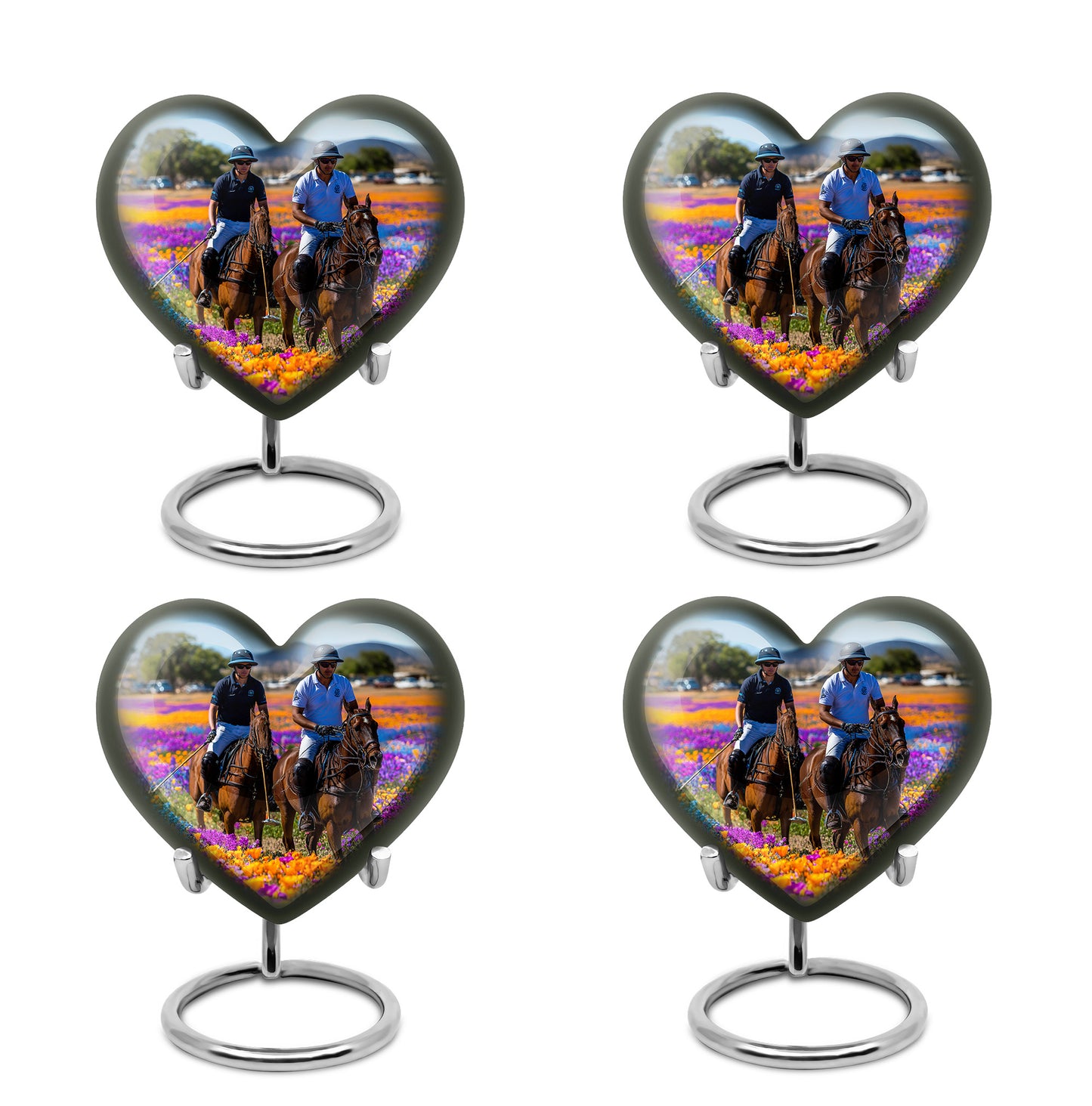 Serene Blue Horse Polo Cremation Urn angled view of lid and engraved motif - compassionate heart-horse polo combination with gentle curves - 10 inch aluminum urn for cremated remains