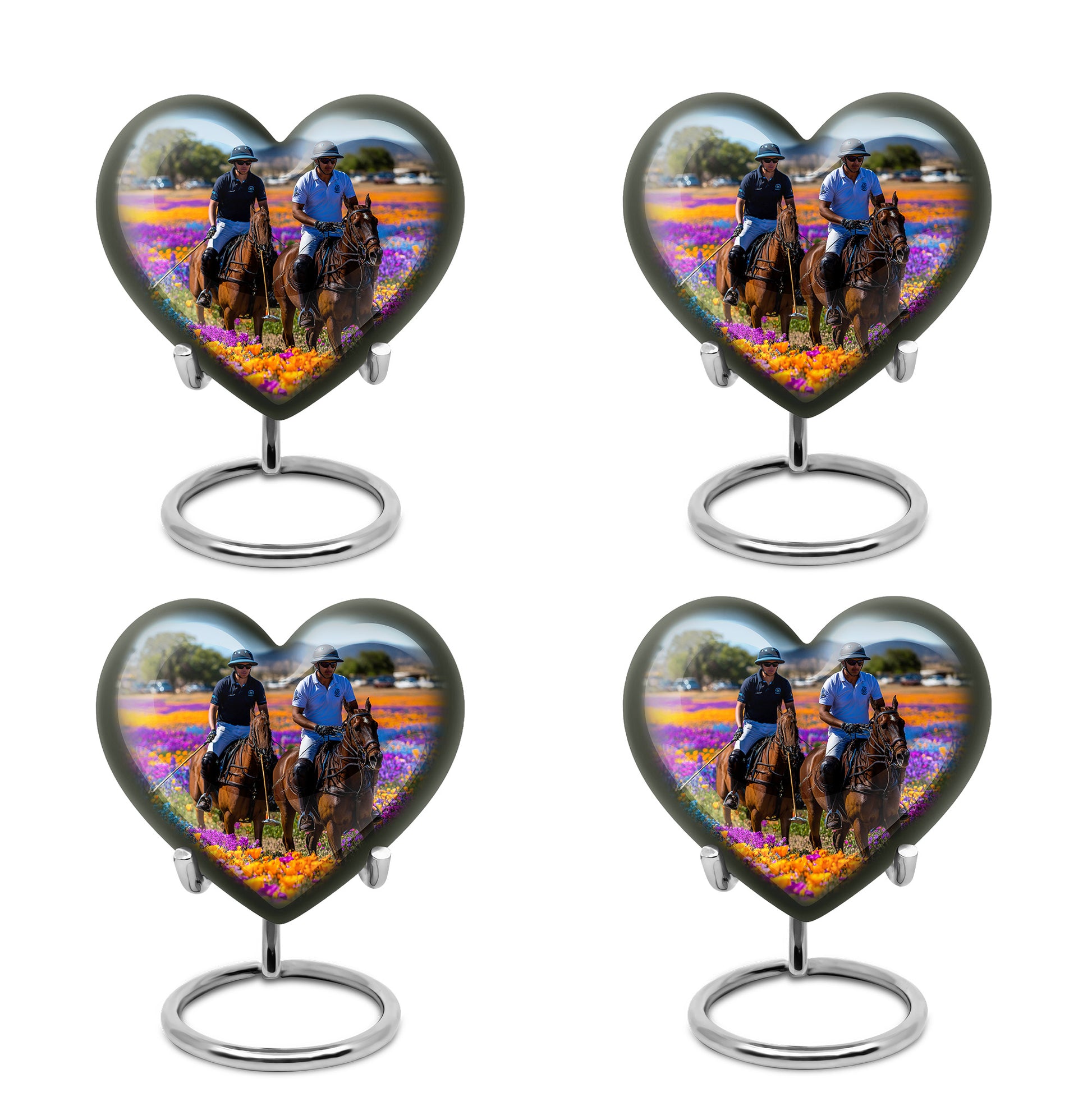 Serene Blue Horse Polo Cremation Urn angled view of lid and engraved motif - compassionate heart-horse polo combination with gentle curves - 10 inch aluminum urn for cremated remains
