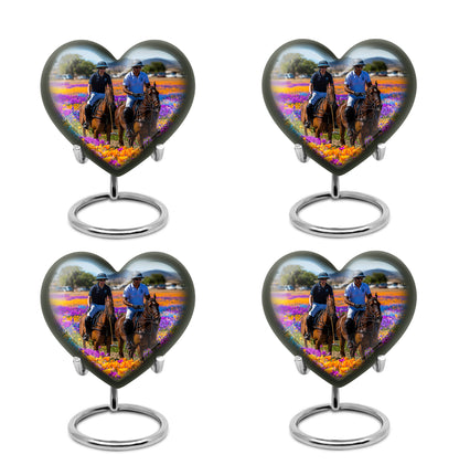 Serene Blue Horse Polo Cremation Urn angled view of lid and engraved motif - compassionate heart-horse polo combination with gentle curves - 10 inch aluminum urn for cremated remains
