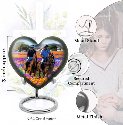 Celestial Blue Horse Polo Cremation Urn front view showing detailed design - loving heart memorial featuring horse polo pattern - mini keepsake memorial for portion of cremation ashes