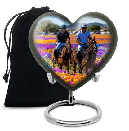 Slate Blue Horse Polo Cremation Urn detail view - heart-shaped horse polo design symbolizing eternal love - full-size 10 inch 200 cubic inch adult cremation urn