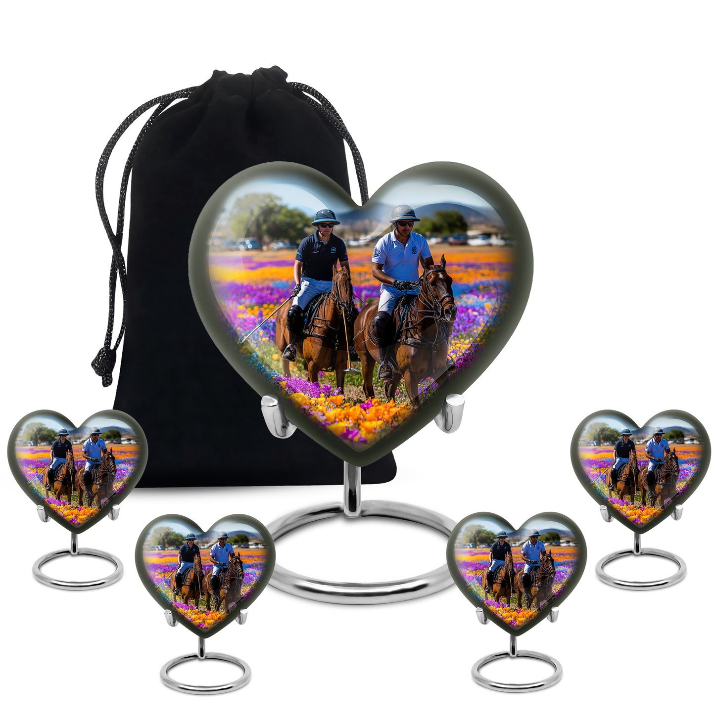 Navy Blue Horse Polo Cremation Urn close-up of engraving and surface detail - loving heart memorial featuring horse polo pattern - memorial set with one large and four small urns