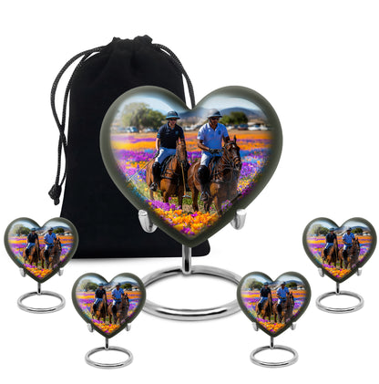 Navy Blue Horse Polo Cremation Urn close-up of engraving and surface detail - loving heart memorial featuring horse polo pattern - memorial set with one large and four small urns