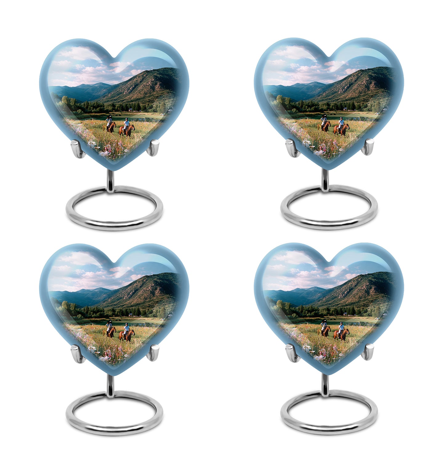 Icy Blue Horse Polo Cremation Urn angled view of lid and engraved motif - heart-shaped horse polo design symbolizing eternal love - 10 inch aluminum urn for cremated remains