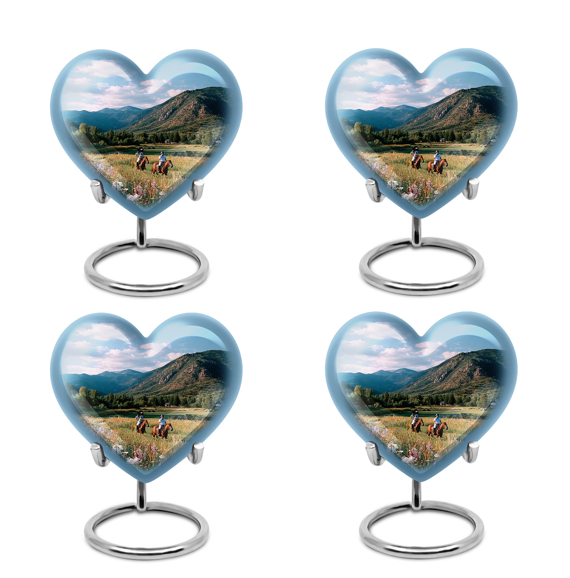 Icy Blue Horse Polo Cremation Urn angled view of lid and engraved motif - heart-shaped horse polo design symbolizing eternal love - 10 inch aluminum urn for cremated remains