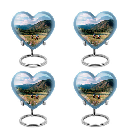 Icy Blue Horse Polo Cremation Urn angled view of lid and engraved motif - heart-shaped horse polo design symbolizing eternal love - 10 inch aluminum urn for cremated remains
