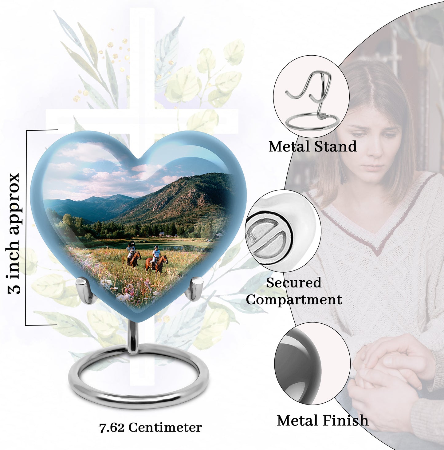 Sky Blue Horse Polo Cremation Urn front view showing detailed design - loving heart memorial featuring horse polo pattern - mini keepsake memorial for portion of cremation ashes