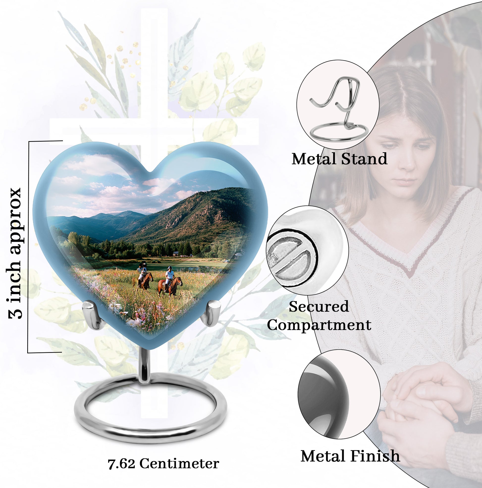 Sky Blue Horse Polo Cremation Urn front view showing detailed design - loving heart memorial featuring horse polo pattern - mini keepsake memorial for portion of cremation ashes