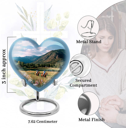 Sky Blue Horse Polo Cremation Urn front view showing detailed design - loving heart memorial featuring horse polo pattern - mini keepsake memorial for portion of cremation ashes