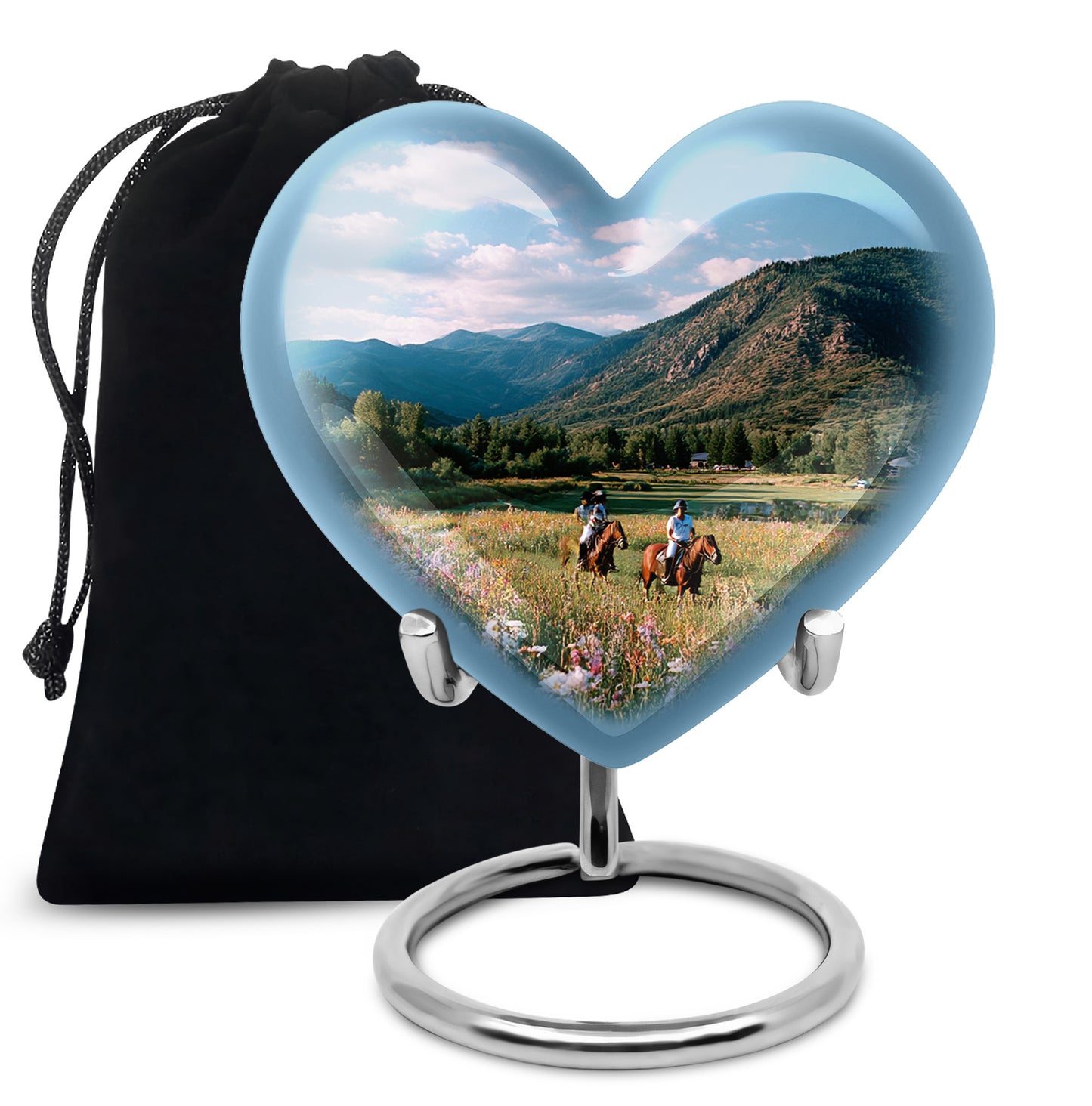 Navy Blue Horse Polo Cremation Urn detail view - heart-shaped horse polo design symbolizing eternal love - full-size 10 inch 200 cubic inch adult cremation urn
