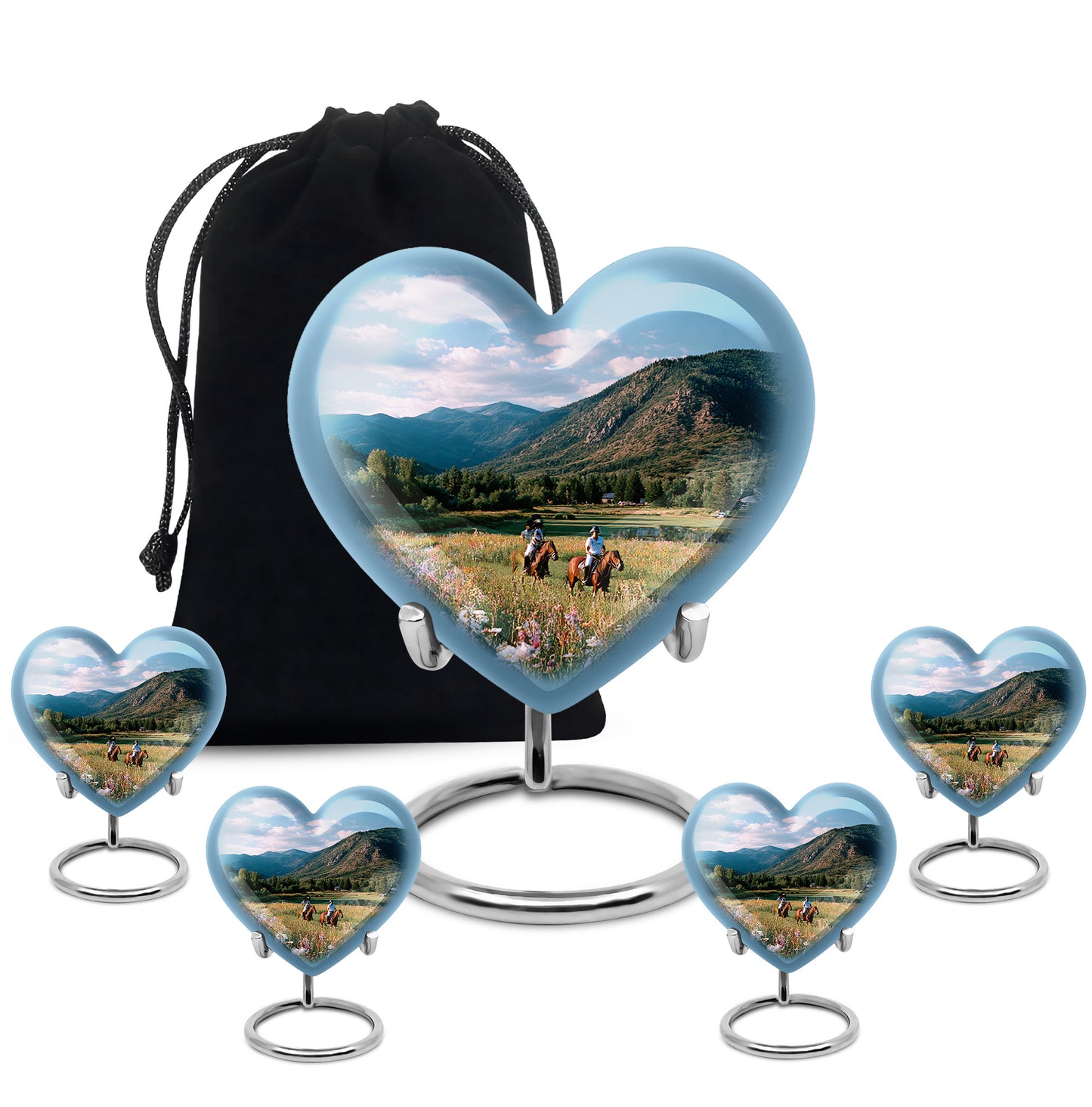 Calming Blue Horse Polo Cremation Urn close-up of engraving and surface detail - compassionate heart-horse polo combination with gentle curves - memorial set with one large and four small urns