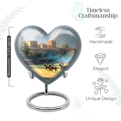Antique Silver Horse Polo Cremation Urn front view showing detailed design - romantic heart urn with horse polo motif on aluminum - mini keepsake memorial for portion of cremation ashes