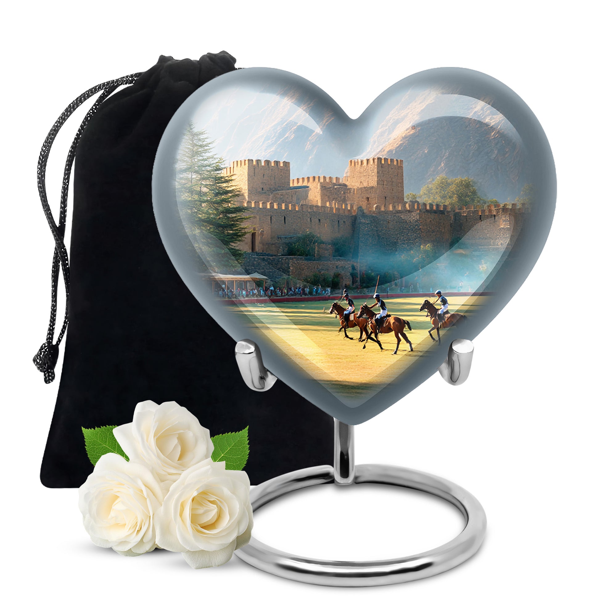 Moonlight Silver Horse Polo Cremation Urn detail view - compassionate heart-horse polo combination with gentle curves - full-size 10 inch 200 cubic inch adult cremation urn
