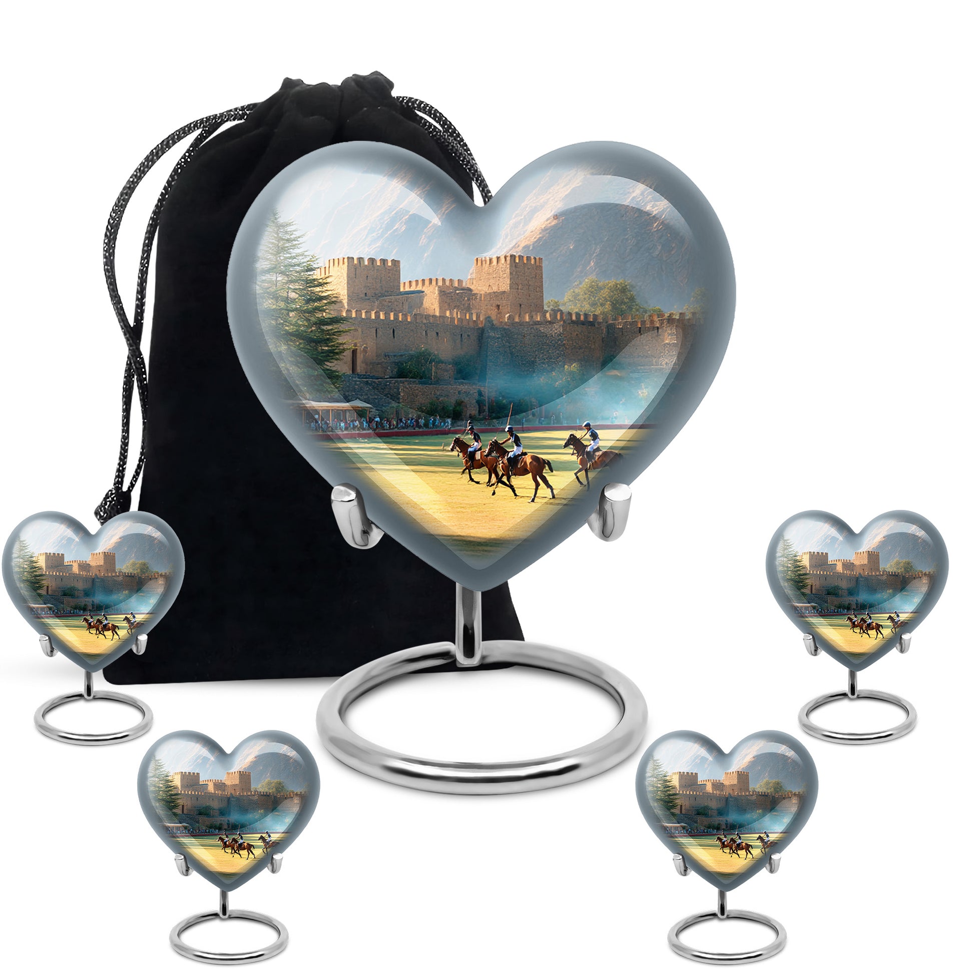 Moonlight Silver Horse Polo Cremation Urn close-up of engraving and surface detail - romantic heart urn with horse polo motif on aluminum - memorial set with one large and four small urns