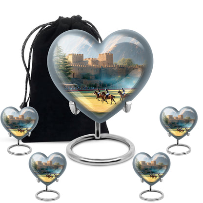 Moonlight Silver Horse Polo Cremation Urn close-up of engraving and surface detail - romantic heart urn with horse polo motif on aluminum - memorial set with one large and four small urns