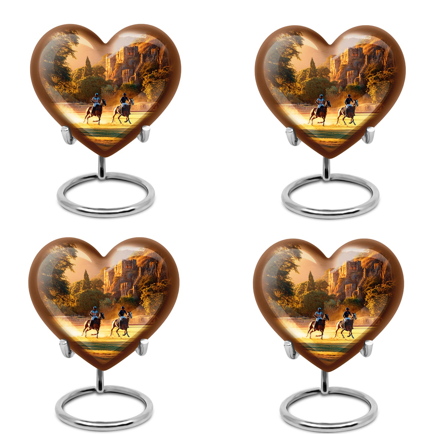 Matte Gold Horse Polo Cremation Urn angled view of lid and engraved motif - romantic heart urn with horse polo motif on aluminum - 10 inch aluminum urn for cremated remains