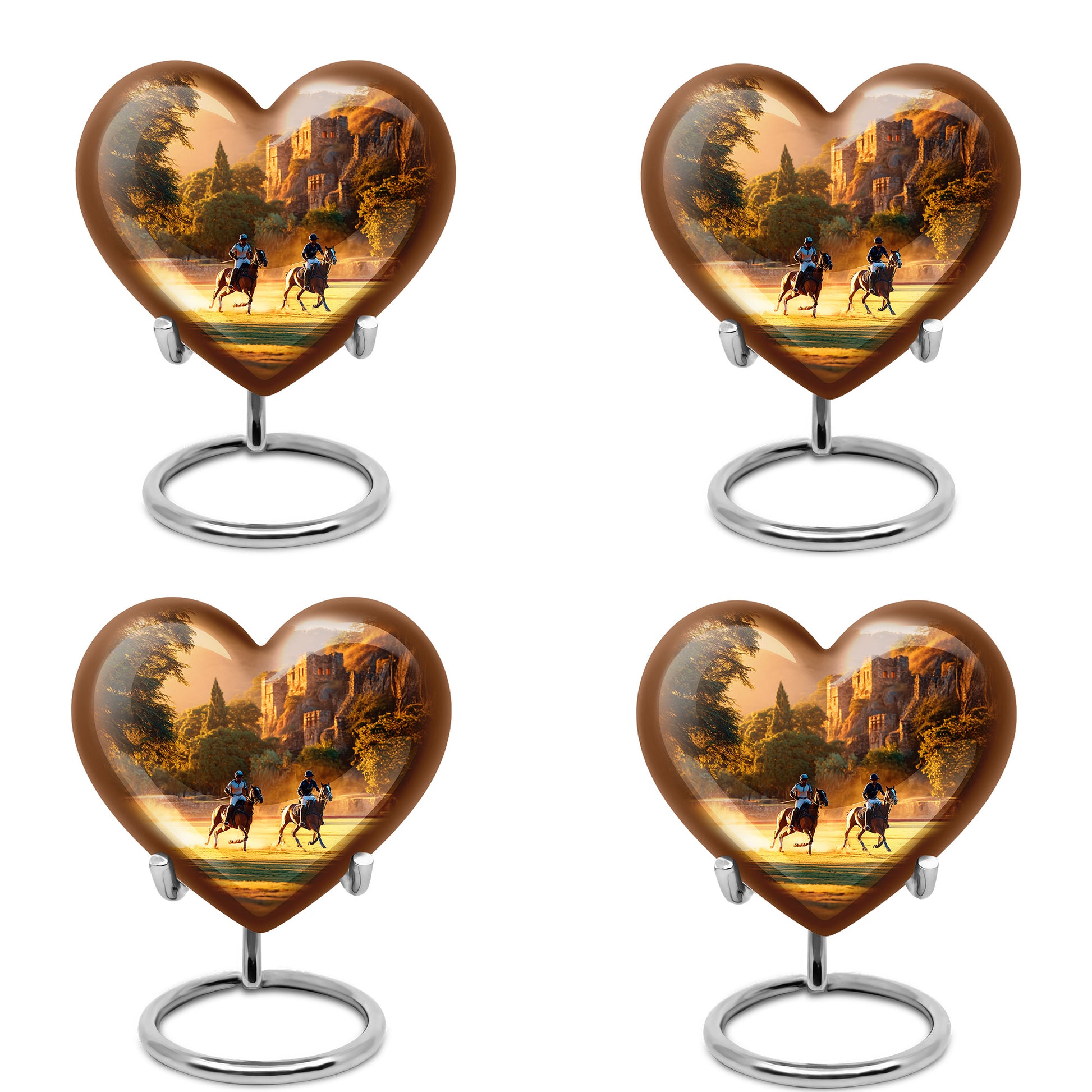 Matte Gold Horse Polo Cremation Urn angled view of lid and engraved motif - romantic heart urn with horse polo motif on aluminum - 10 inch aluminum urn for cremated remains