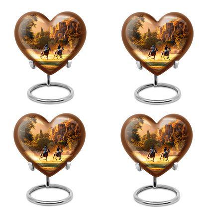 Matte Gold Horse Polo Cremation Urn angled view of lid and engraved motif - romantic heart urn with horse polo motif on aluminum - 10 inch aluminum urn for cremated remains