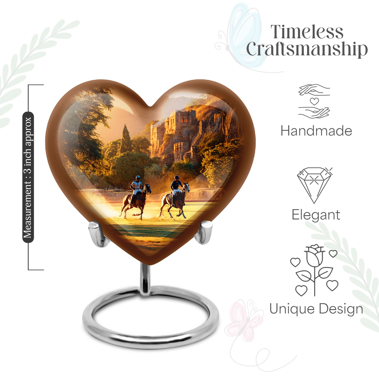 Burnished Gold Horse Polo Cremation Urn front view showing detailed design - compassionate heart-horse polo combination with gentle curves - mini keepsake memorial for portion of cremation ashes