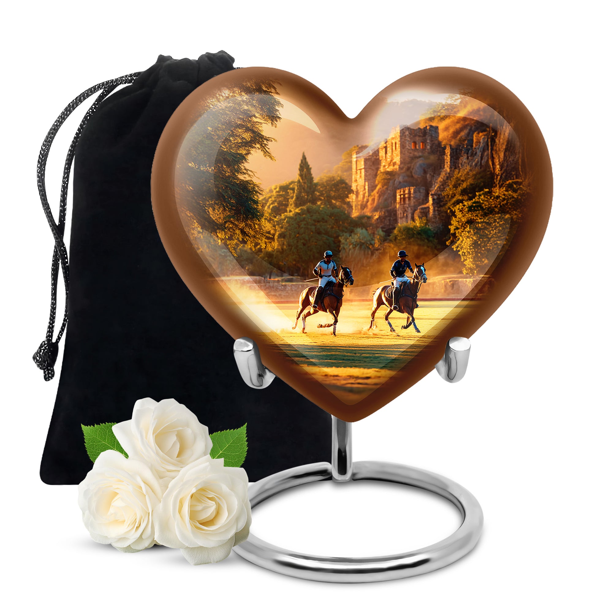 Sunrise Gold Horse Polo Cremation Urn detail view - heart-shaped horse polo design symbolizing eternal love - full-size 10 inch 200 cubic inch adult cremation urn