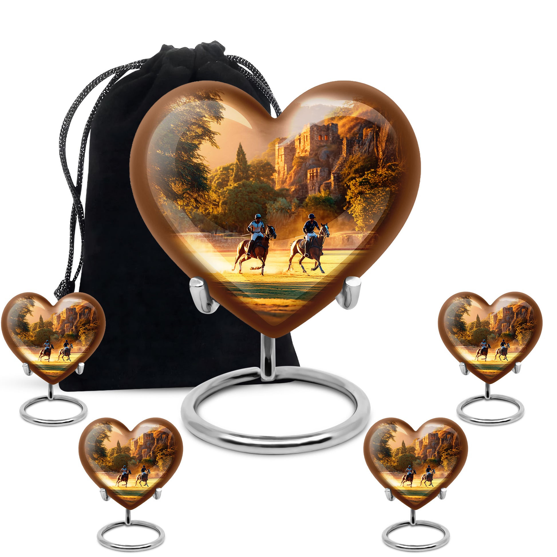 Amber Gold Horse Polo Cremation Urn close-up of engraving and surface detail - heart-shaped horse polo design symbolizing eternal love - memorial set with one large and four small urns
