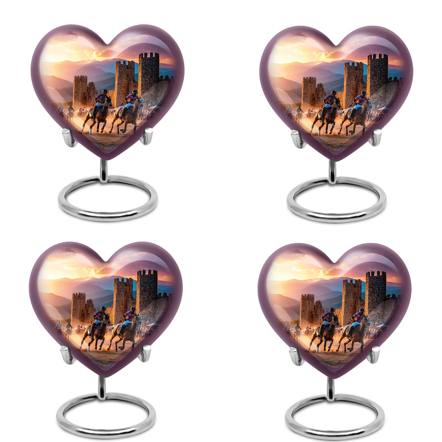 Storm Gray Horse Polo Cremation Urn angled view of lid and engraved motif - compassionate heart-horse polo combination with gentle curves - 10 inch aluminum urn for cremated remains