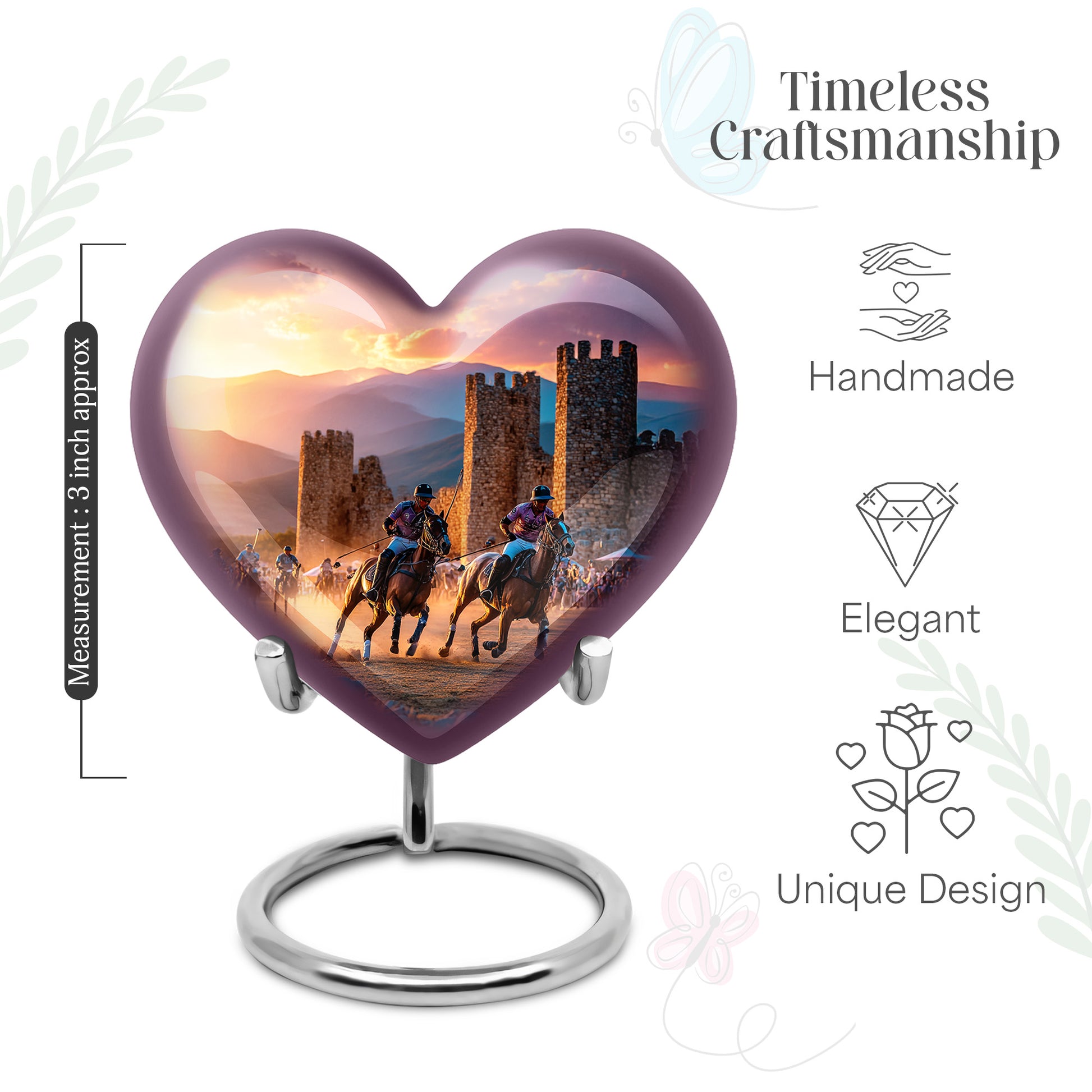 Dove Gray Horse Polo Cremation Urn front view showing detailed design - loving heart memorial featuring horse polo pattern - mini keepsake memorial for portion of cremation ashes
