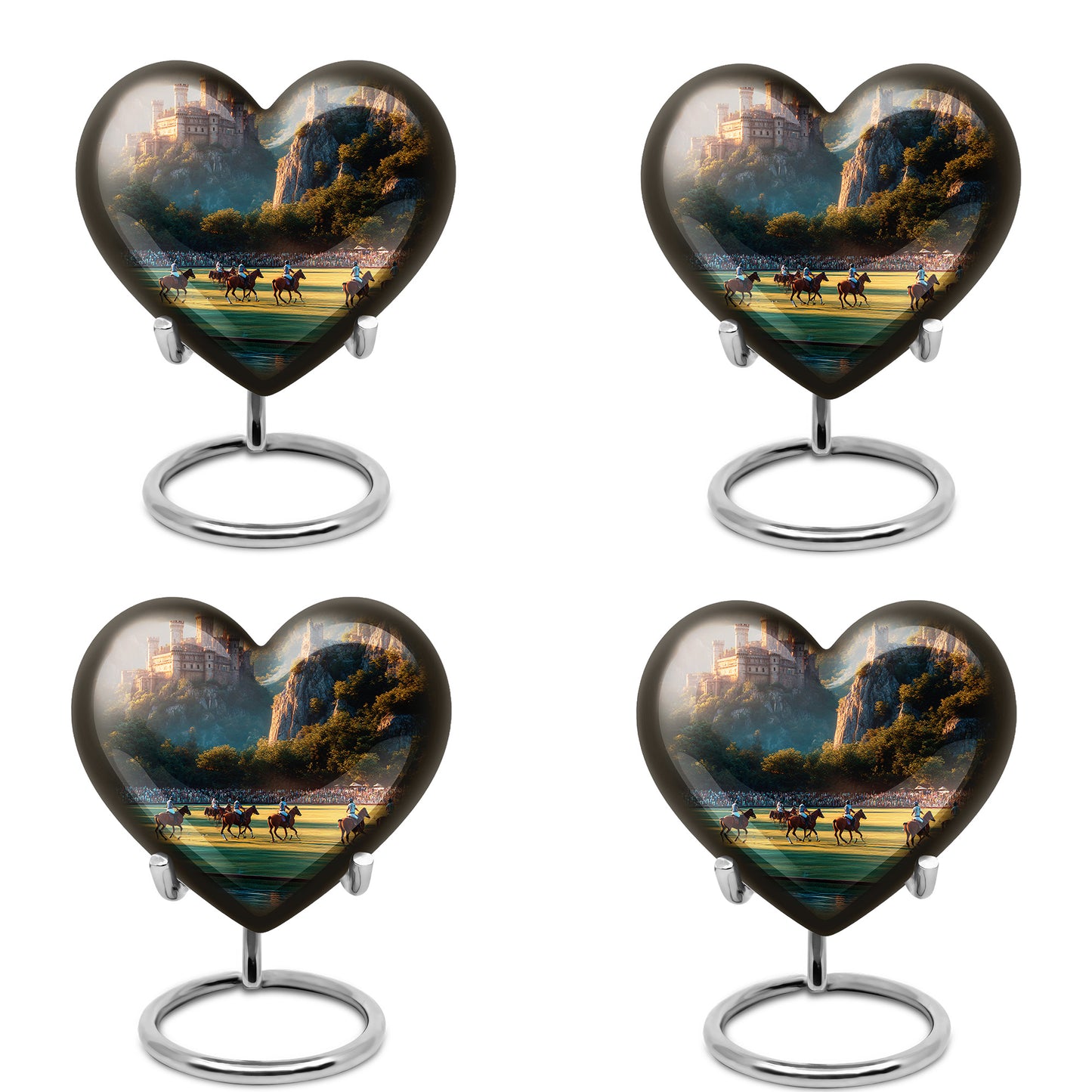 Antique Gold Horse Polo Cremation Urn angled view of lid and engraved motif - loving heart memorial featuring horse polo pattern - 10 inch aluminum urn for cremated remains