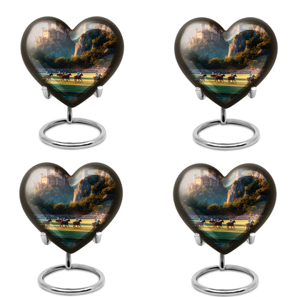 Antique Gold Horse Polo Cremation Urn angled view of lid and engraved motif - loving heart memorial featuring horse polo pattern - 10 inch aluminum urn for cremated remains