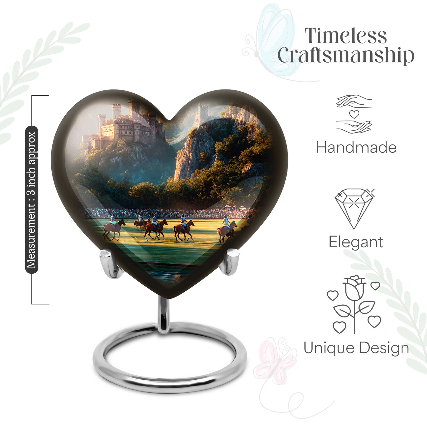 Matte Gold Horse Polo Cremation Urn front view showing detailed design - romantic heart urn with horse polo motif on aluminum - mini keepsake memorial for portion of cremation ashes