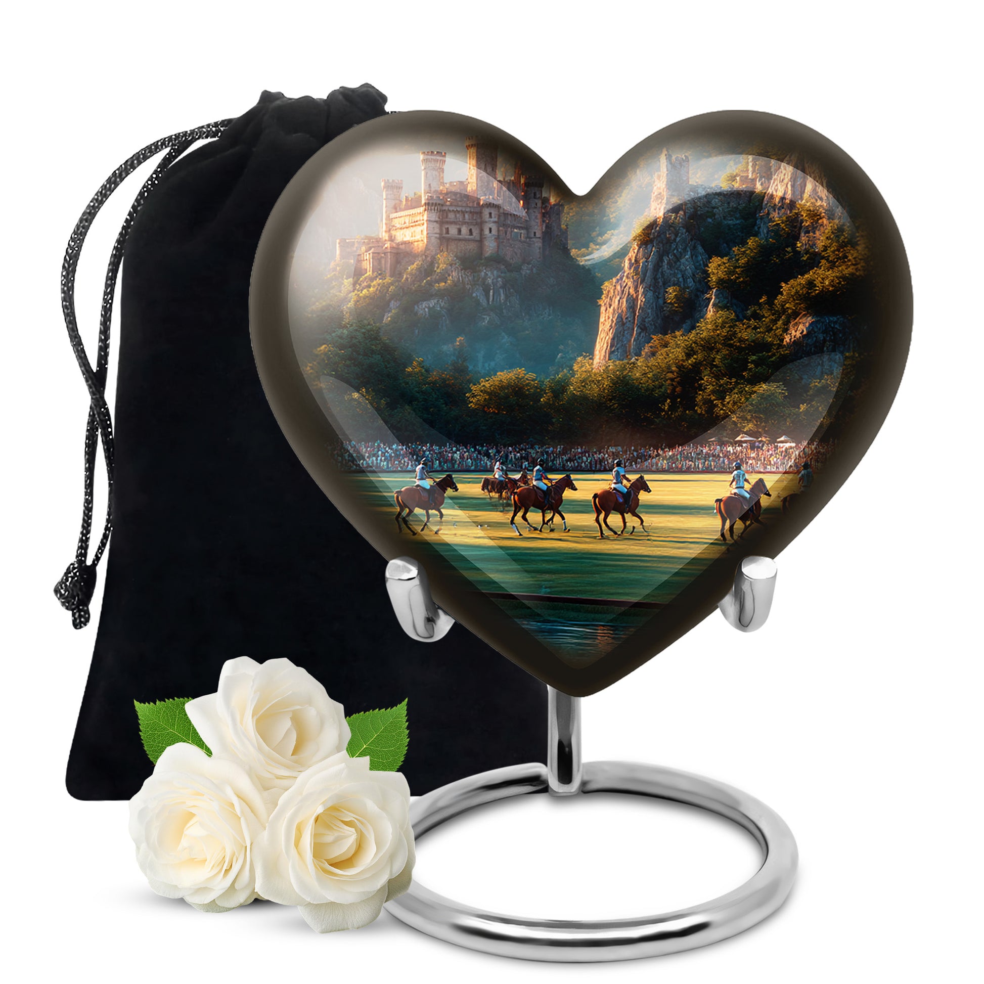 Gilded Gold Horse Polo Cremation Urn detail view - loving heart memorial featuring horse polo pattern - full-size 10 inch 200 cubic inch adult cremation urn