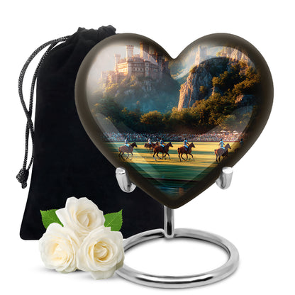 Gilded Gold Horse Polo Cremation Urn detail view - loving heart memorial featuring horse polo pattern - full-size 10 inch 200 cubic inch adult cremation urn