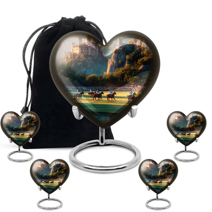 Amber Gold Horse Polo Cremation Urn close-up of engraving and surface detail - loving heart memorial featuring horse polo pattern - memorial set with one large and four small urns