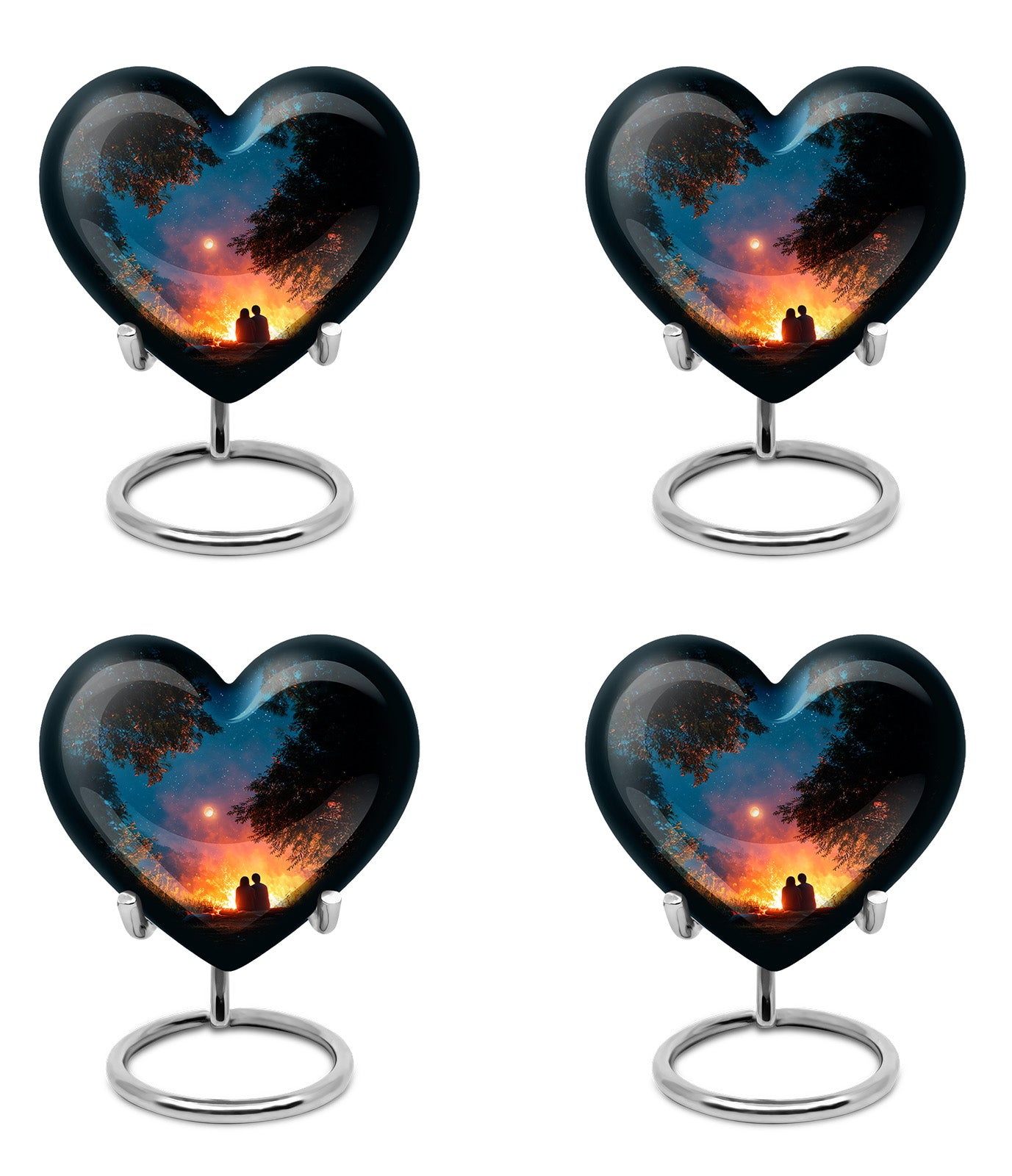 Vivid Teal Campfire Cremation Urn angled view of lid and engraved motif - romantic heart urn with campfire motif on aluminum - 10 inch aluminum urn for cremated remains