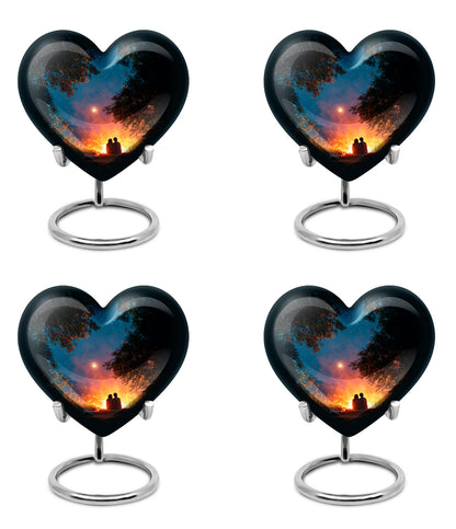 Vivid Teal Campfire Cremation Urn angled view of lid and engraved motif - romantic heart urn with campfire motif on aluminum - 10 inch aluminum urn for cremated remains