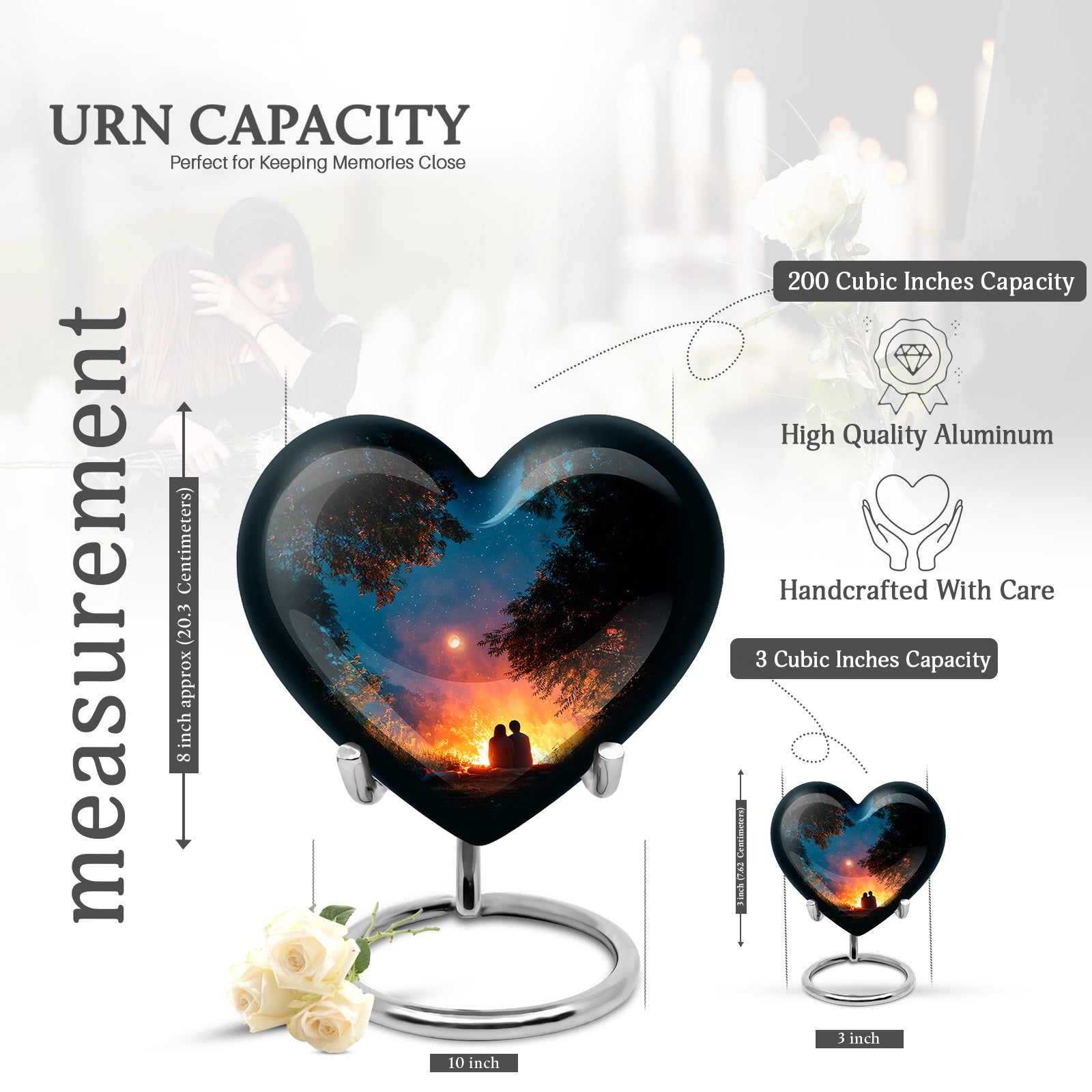 Vivid Teal Campfire Cremation Urn front view showing detailed design - compassionate heart-campfire combination with gentle curves - mini keepsake memorial for portion of cremation ashes