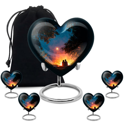 Mystic Teal Campfire Cremation Urn close-up of engraving and surface detail - compassionate heart-campfire combination with gentle curves - memorial set with one large and four small urns