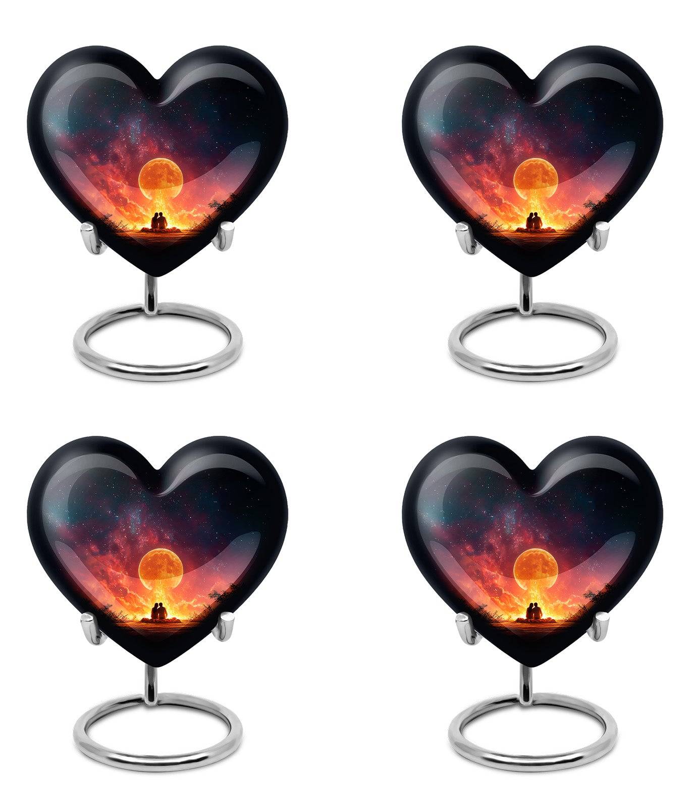 Charcoal Black Campfire Cremation Urn angled view of lid and engraved motif - romantic heart urn with campfire motif on aluminum - 10 inch aluminum urn for cremated remains
