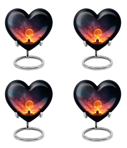 Charcoal Black Campfire Cremation Urn angled view of lid and engraved motif - romantic heart urn with campfire motif on aluminum - 10 inch aluminum urn for cremated remains