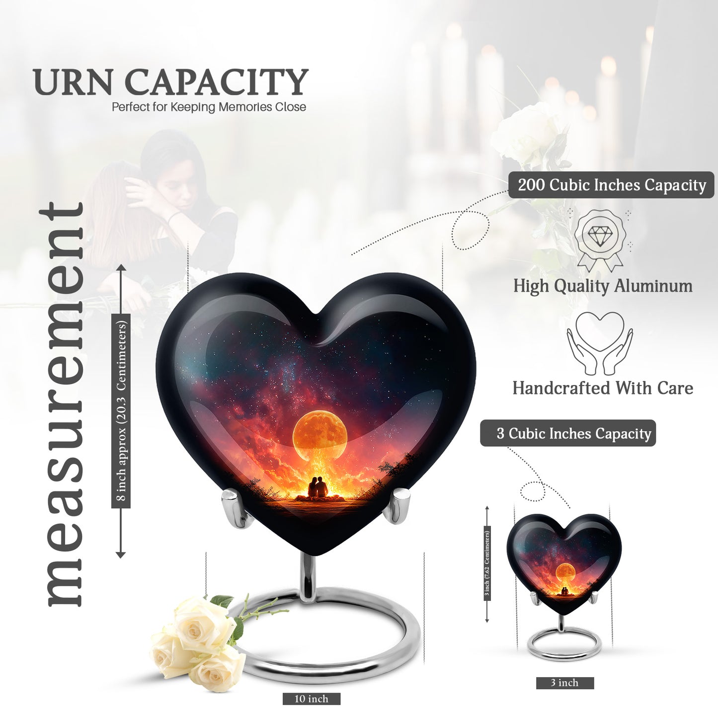 Onyx Black Campfire Cremation Urn front view showing detailed design - compassionate heart-campfire combination with gentle curves - mini keepsake memorial for portion of cremation ashes