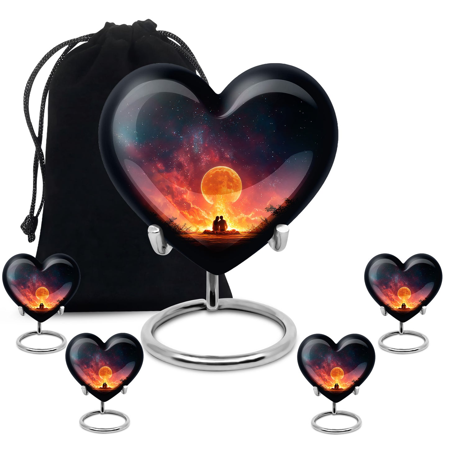 Ebony Campfire Cremation Urn close-up of engraving and surface detail - heart-shaped campfire design symbolizing eternal love - memorial set with one large and four small urns