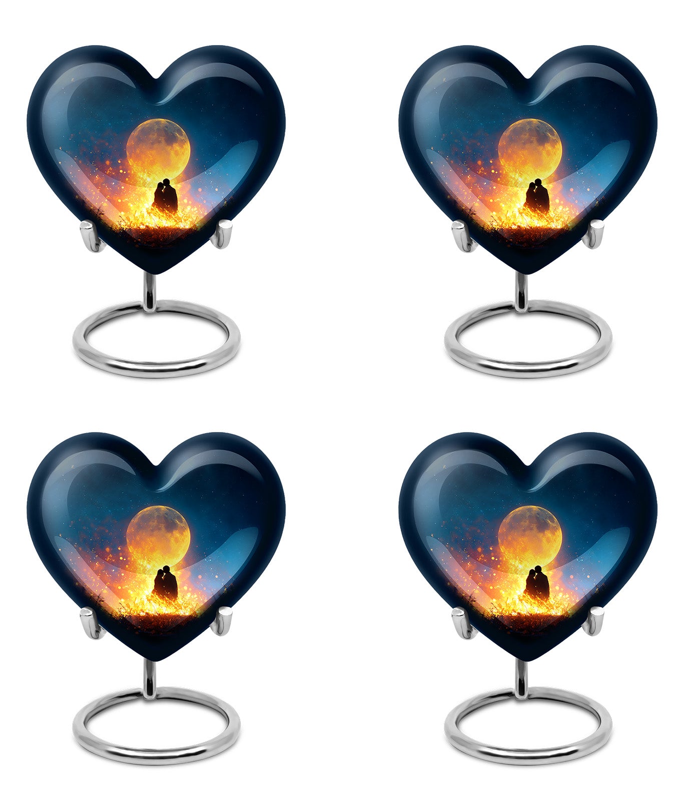 Twilight Blue Campfire Cremation Urn angled view of lid and engraved motif - compassionate heart-campfire combination with gentle curves - 10 inch aluminum urn for cremated remains