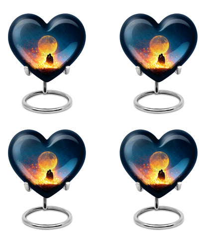 Twilight Blue Campfire Cremation Urn angled view of lid and engraved motif - compassionate heart-campfire combination with gentle curves - 10 inch aluminum urn for cremated remains