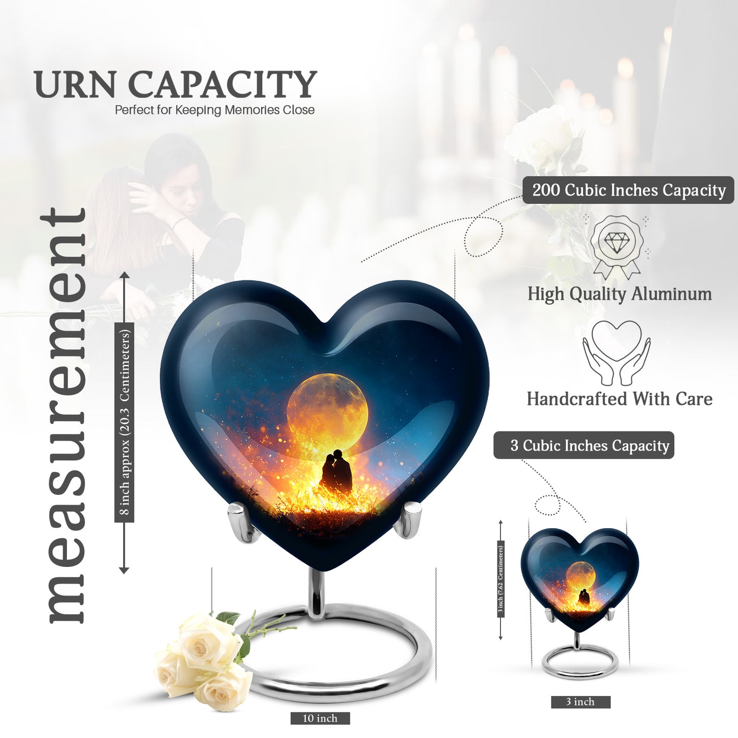 Slate Blue Campfire Cremation Urn front view showing detailed design - heart-shaped campfire design symbolizing eternal love - mini keepsake memorial for portion of cremation ashes