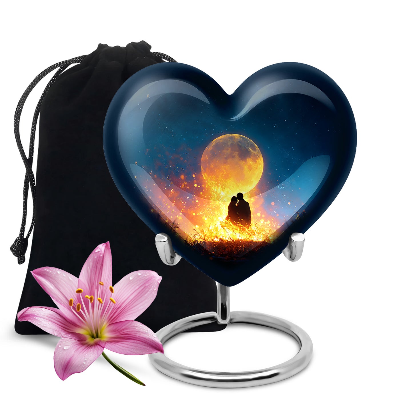 Serene Blue Campfire Cremation Urn detail view - romantic heart urn with campfire motif on aluminum - full-size 10 inch 200 cubic inch adult cremation urn