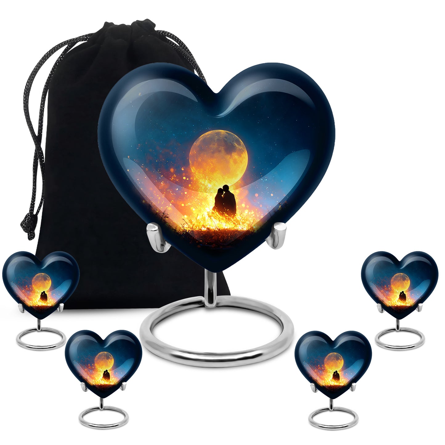 Misty Blue Campfire Cremation Urn close-up of engraving and surface detail - loving heart memorial featuring campfire pattern - memorial set with one large and four small urns